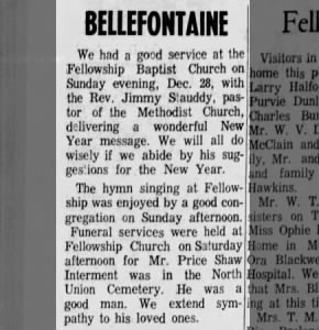 Bellefontaine news of the death of James Price Shaw